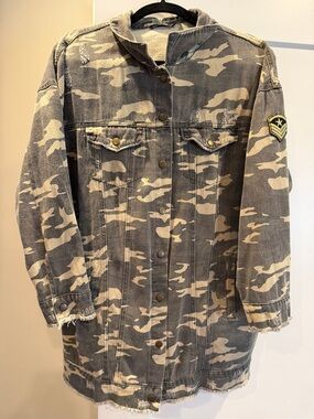 Camo Print Long Denim Jacket - Faded